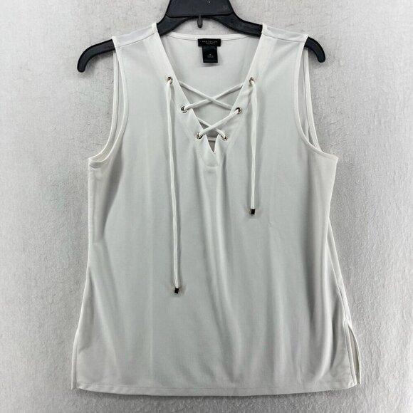 Ann Taylor Factory Tops Womens M White Lace Up V Neck Sleeveless Boho Minimalist - Picture 1 of 12
